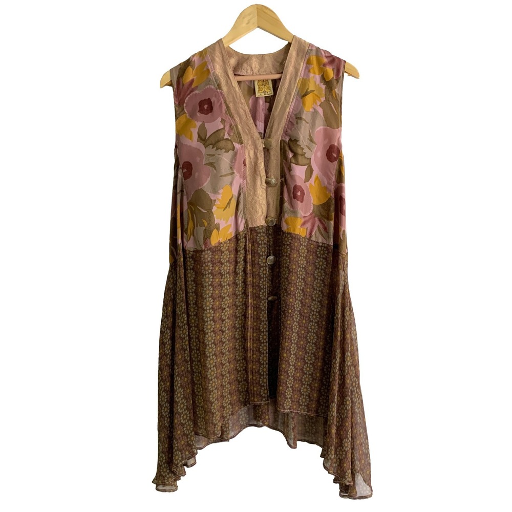 VTG‎ U.R.U. Mixed Media Tunic Womens OSFM Silk Floral Lilac Sleeveless Lagenlook